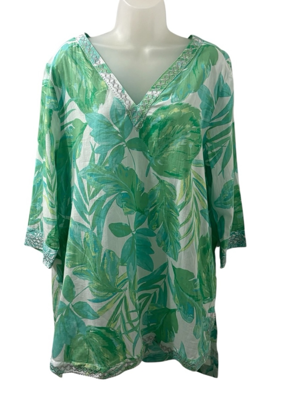 Christian Siriano Green Tropical Leaf Print V-Neck Tunic Top Size Large